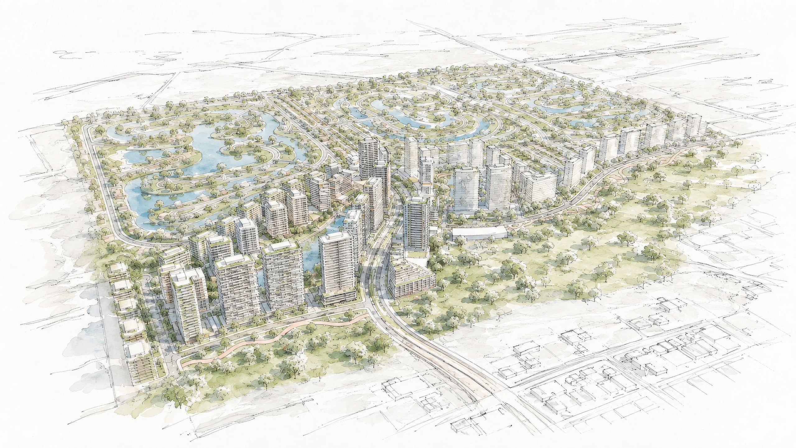 Ilustração aérea em aquarela do bairro inteiro, com edifícios, lagos, parque e áreas verdes
